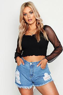 Boohoo Plus Shirred Mesh Long Sleeve Top