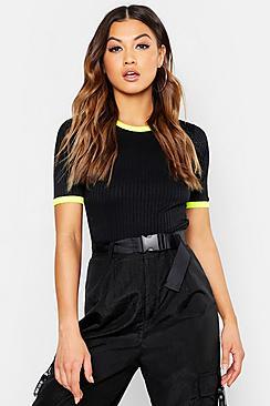 Boohoo Jumbo Rib Neon Contrast Ringer T-shirt