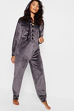 Boohoo Velour Tie Up Onesie