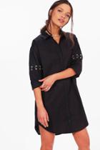 Boohoo Caroline Eyelet Ring Sleeve Detail Shirt Dress Black