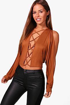 Boohoo Petite Carla Cross Front Cold Shoulder Top