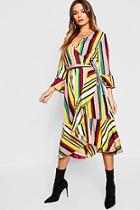Boohoo Tonal Stripe Ruffle Wrap Midi Dress