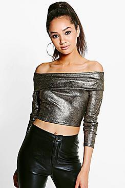 Boohoo Petite Ria Rib Metallic Bardot Top