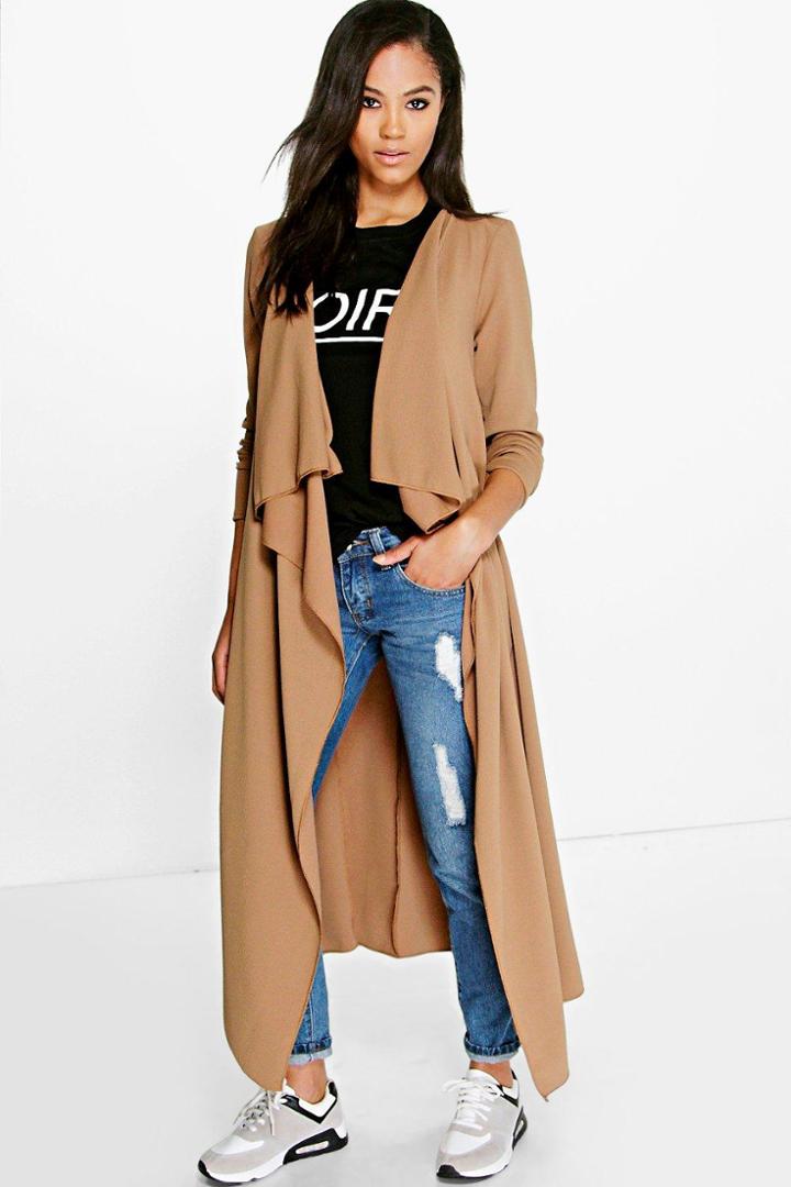 Boohoo Amanda Waterfall Longline Duster Camel