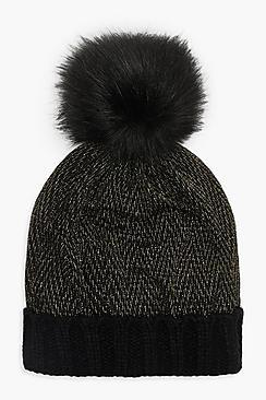 Boohoo Gold Thread Faux Fur Pom Beanie