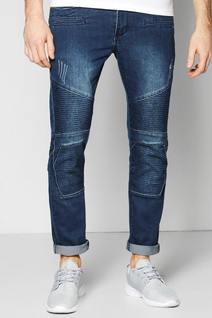 Boohoo Skinny Biker Jeans With Stitch Details Indigo