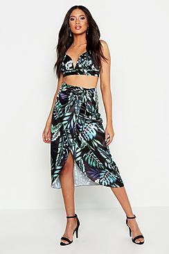 Boohoo Tall Satin Palm Print Wrap Front Midi Skirt