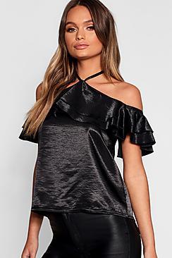 Boohoo Halter Ruffle Hammered Satin Top