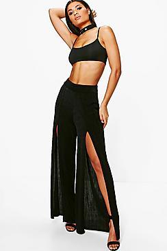 Boohoo Avah Thigh Split Slinky Wide Leg Trousers