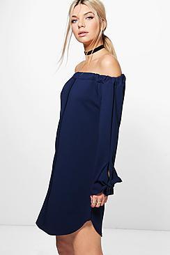 Boohoo Amelie Off Shoulder Tie Sleeve Shift Dress