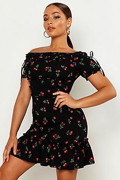 Boohoo Cherry Print Frill Trim Skater Dress