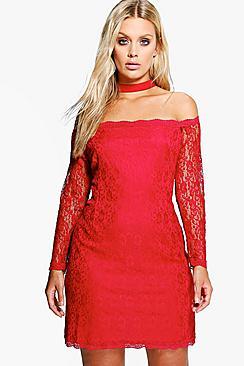 Boohoo Plus Anna Bardot Lace Choker Bodycon Dress