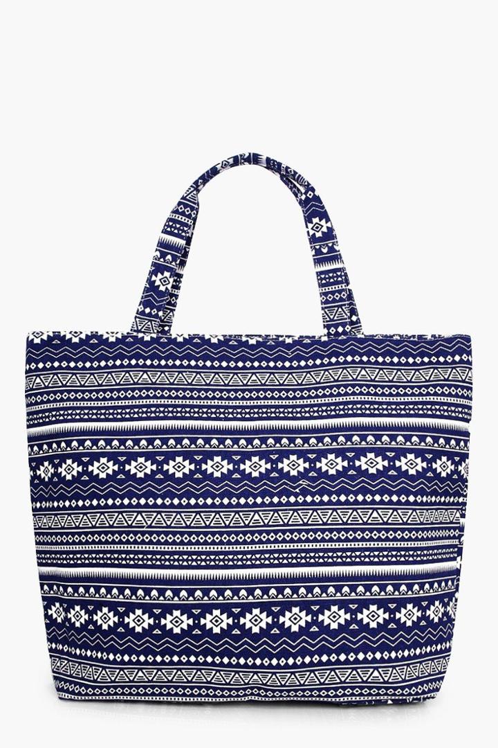 Boohoo Ellie Blue Aztec Beach Bag Blue