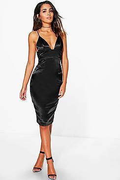 Boohoo Satin Strappy Plunge Bodycon Dress