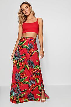 Boohoo Polly Tropical Wrap Tie Maxi Skirt