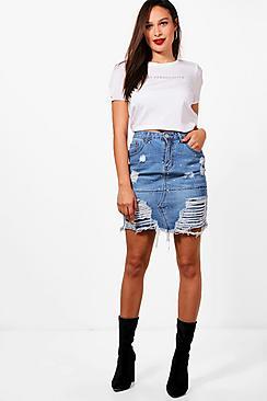 Boohoo Tall Charley Distressed Diamante Denim Skirt