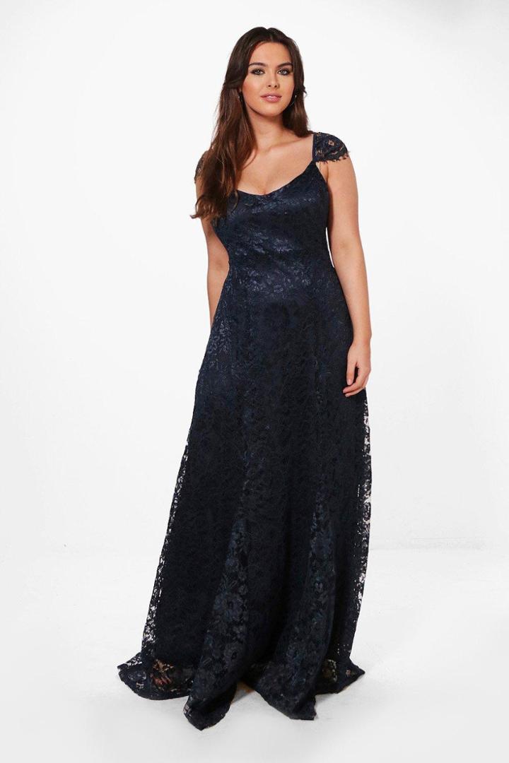 Boohoo Plus Ella Lace Maxi Dress With Cap Sleeve Navy