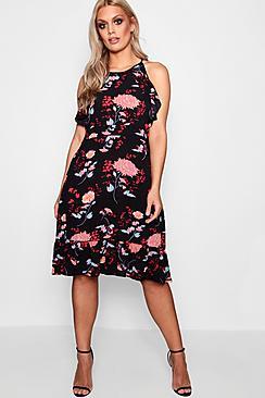 Boohoo Plus Kirsten Floral Frill Midi Dress
