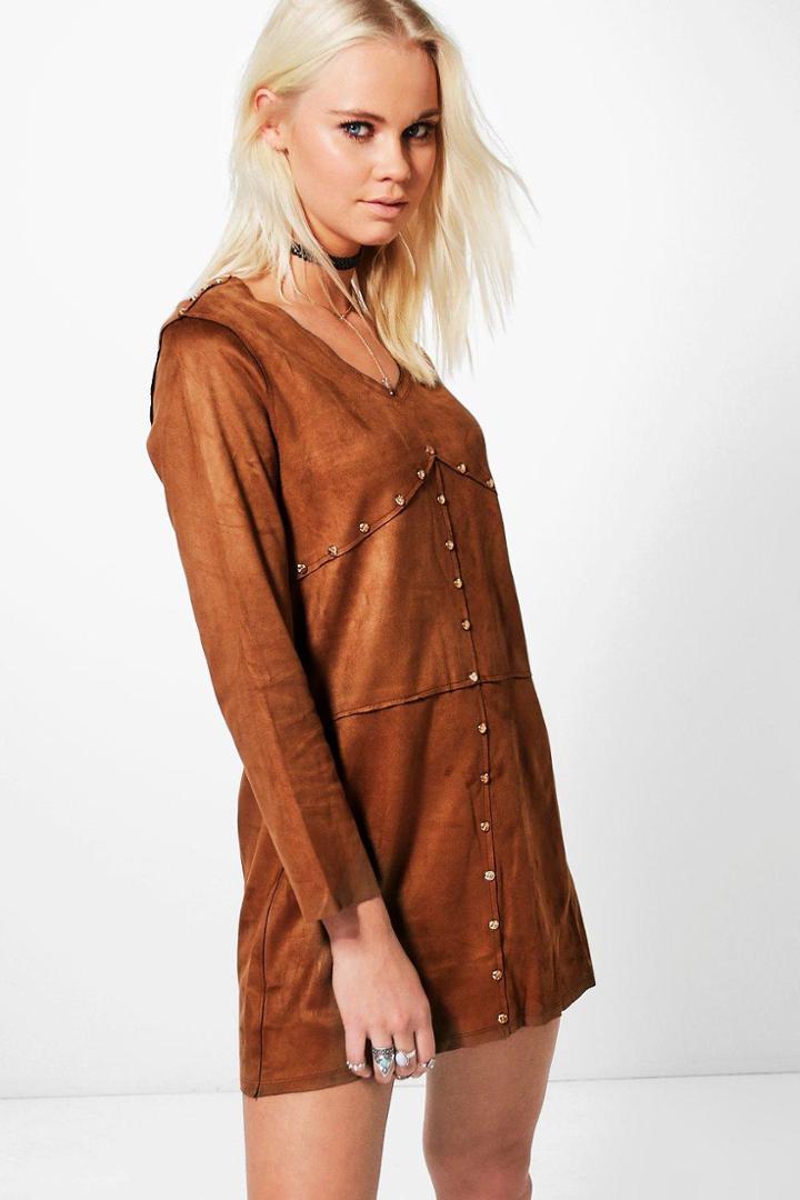 Boohoo Freyja Suedette Stud Dress Camel