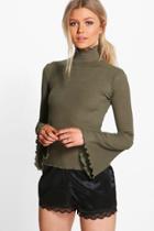 Boohoo Petite Ivy Bell Sleeve Frill Edge Top Khaki