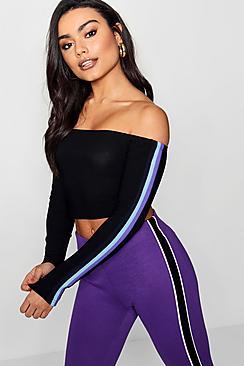 Boohoo Abbie Sports Stripe Long Sleeve Bardot Crop