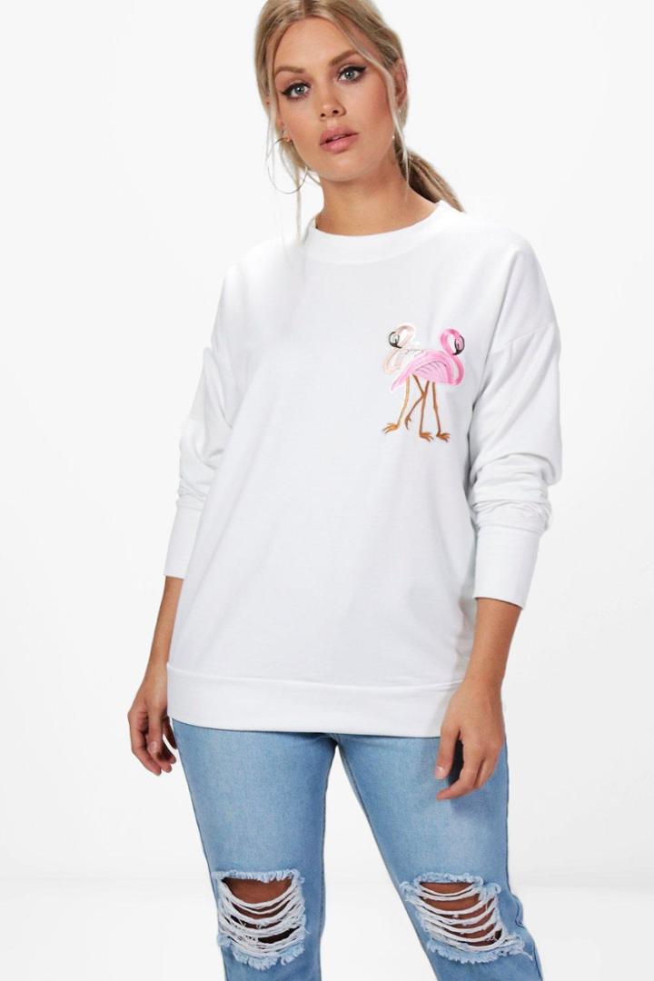 Boohoo Plus Alisa Flamingo Sweat Top White