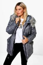 Boohoo Lily Luxe Padded Coat With Faux Fur Hood Grey