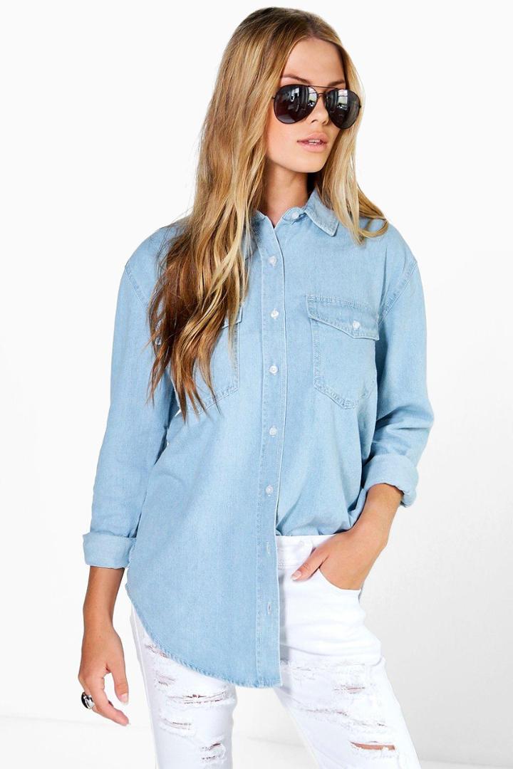 Boohoo Claudia Oversize Bleach Wash Denim Shirt Blue