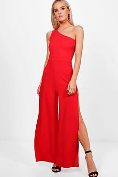Boohoo Petite Abi One Shoulder Split Leg Jumpsuit