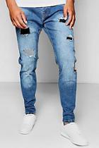 Boohoo Blue Wash Slim Fit Rip And Repair Jeans