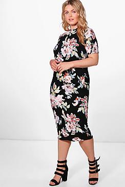 Boohoo Plus Frankie Floral Printed Cap Sleeve Midi Dress
