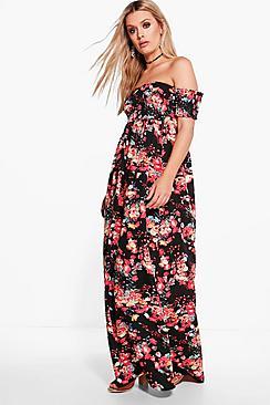 Boohoo Plus Off The Shoulder Floral Maxi Dress