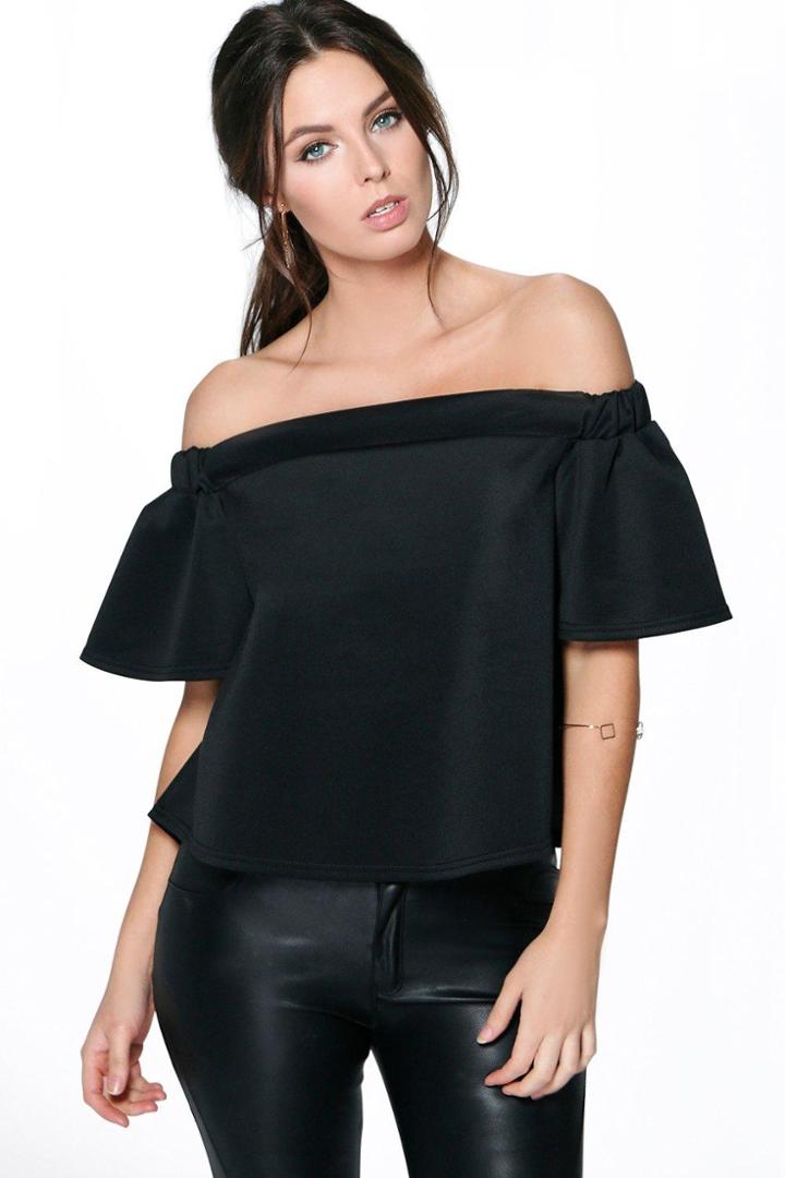 Boohoo Julia Off The Shoulder Scuba Frill Top Black