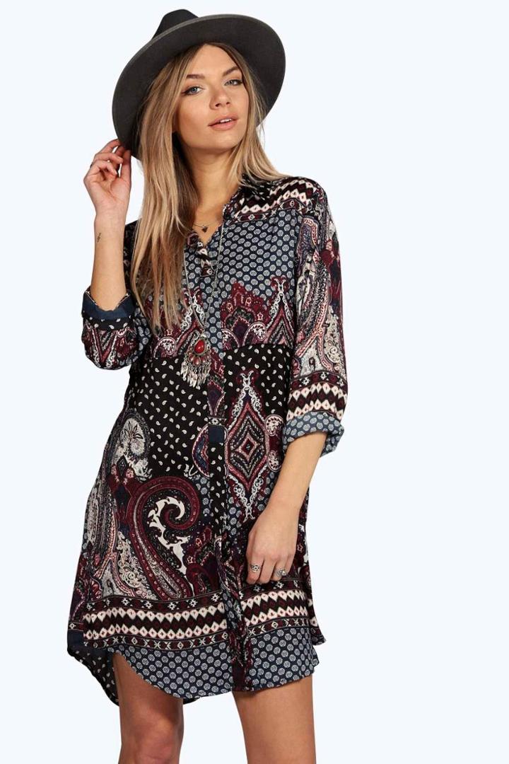 Boohoo Debbie Paisley Border Print Shirt Dress Black