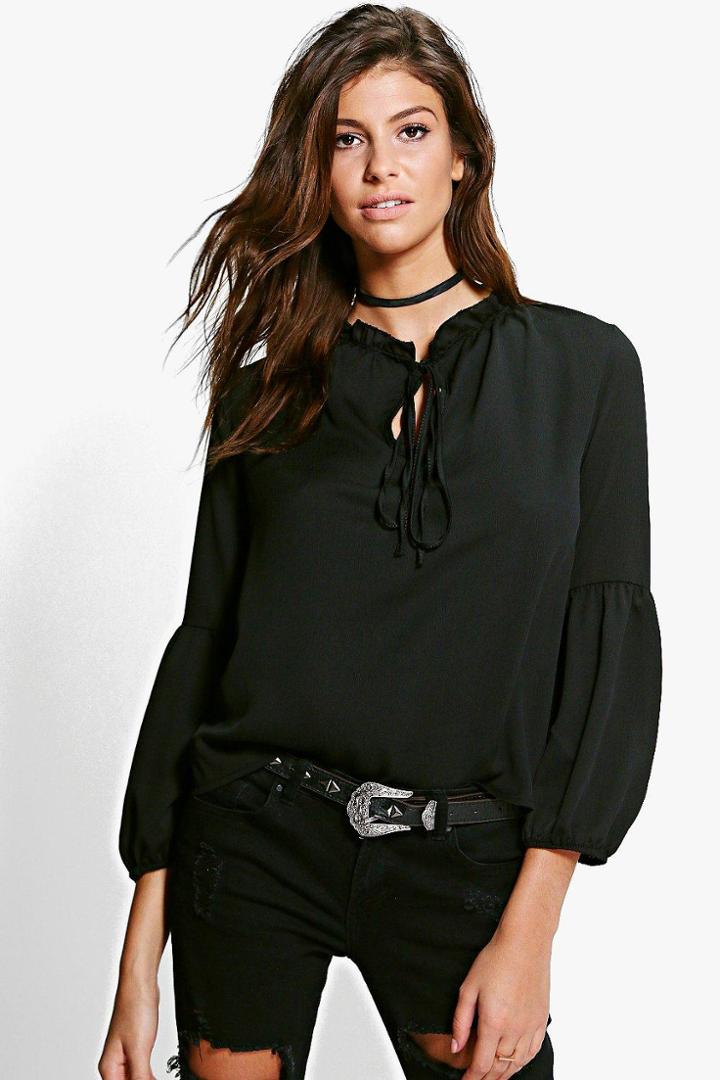 Boohoo Bonnie Ruffle Neck Blouse Black