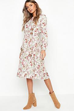 Boohoo Boho Floral Print Ruffle Hem Midi Dress