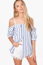 Boohoo Ashley Cold Shoulder Striped Shirt Blue