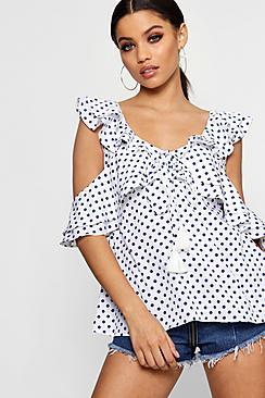 Boohoo Eliza Polka Dot Ruffle Top