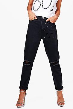 Boohoo Tina Stud Detail Black Denim Mom Jeans
