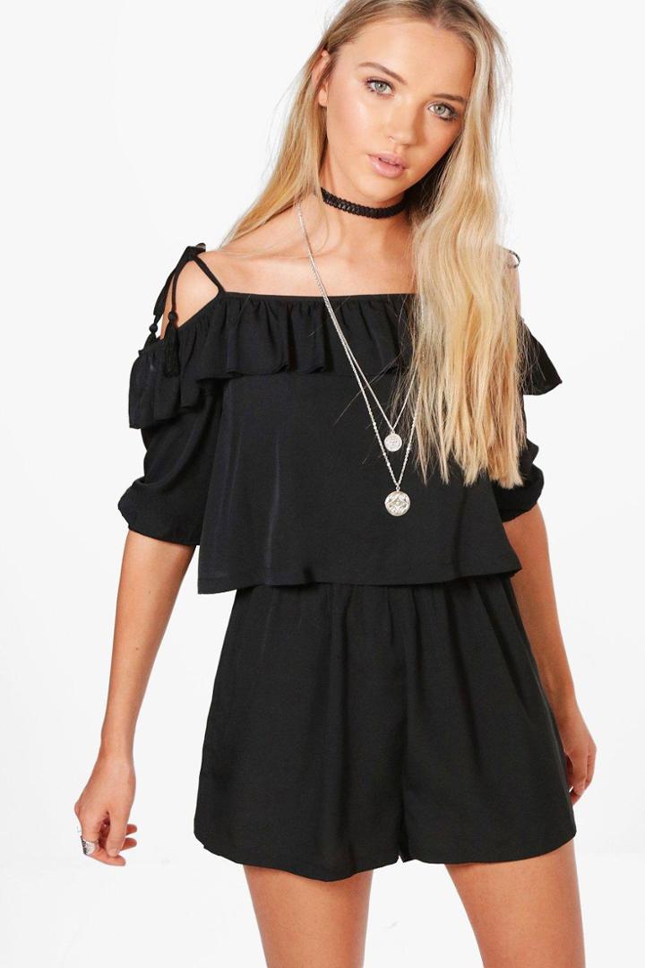 Boohoo Evie Ruffle Open Shoulder Playsuit Black