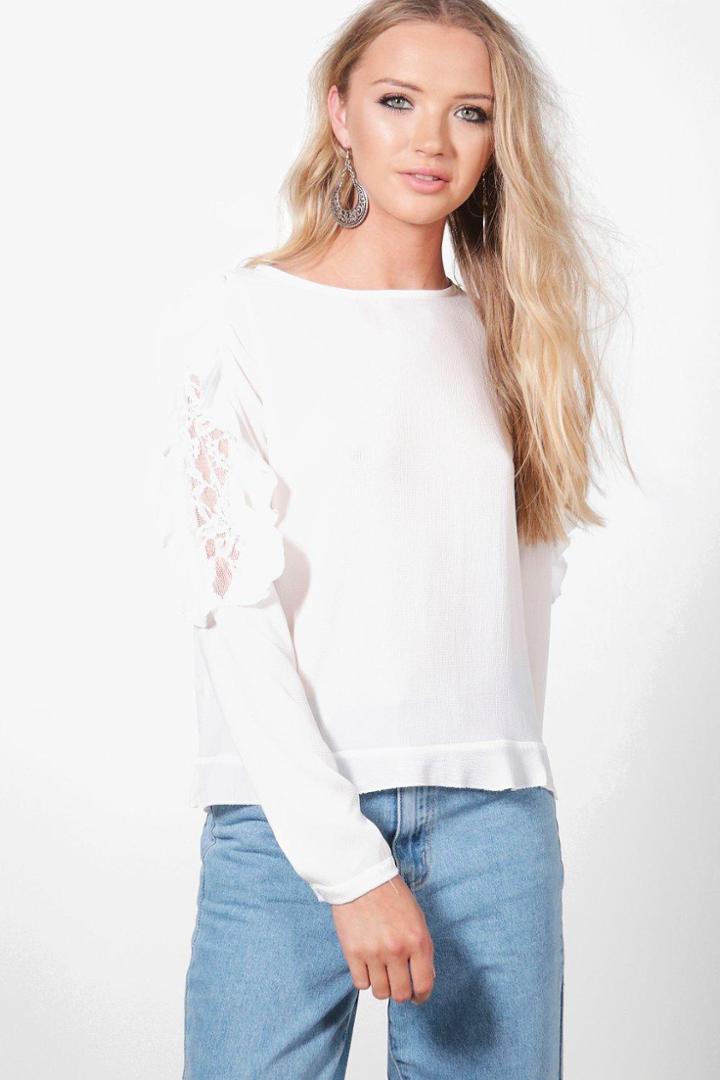Boohoo Lydia Ruffle Shoulder Woven Blouse White