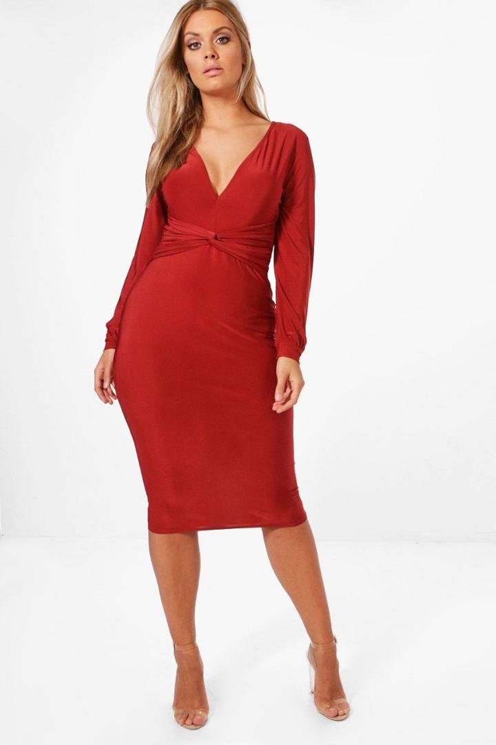 Boohoo Plus Kelly Slinky Knot Blaison Sleeve Midi Dress Copper
