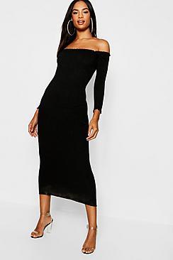 Boohoo Tall Rib Knit Bardot Midaxi Dress