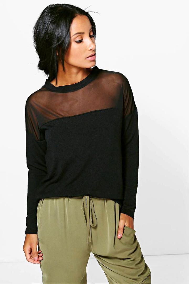 Boohoo Leah Sheer Panel Long Sleeve Top Black