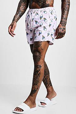 Boohoo Ice Cream Print Swim Short In Mid Length