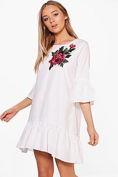 Boohoo Felicity Embroidered Frill Hem Woven Shift Dress