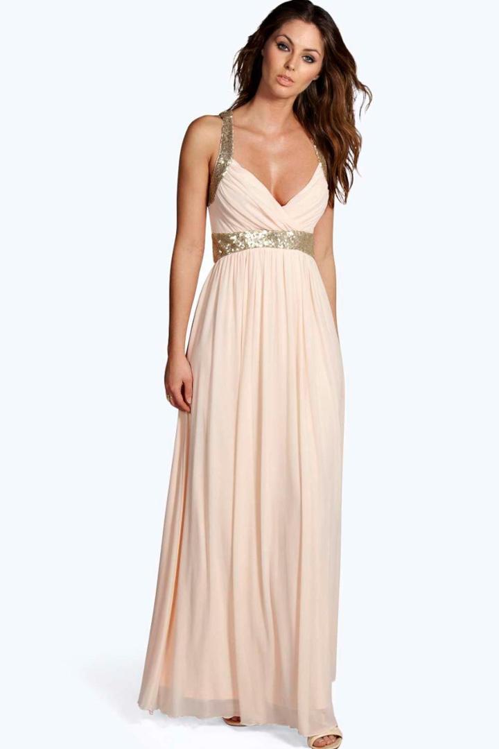 Boohoo Boutique Soraya Sequin Panel Mesh Maxi Dress Blush