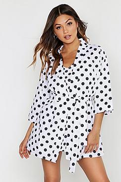 Boohoo Cotton Polka Dot Woven Kimono Robe