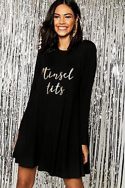 Boohoo Christmas Tinsel Tits Glitter Slogan Swing Dress