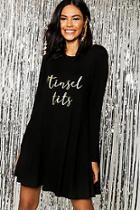 Boohoo Christmas Tinsel Tits Glitter Slogan Swing Dress
